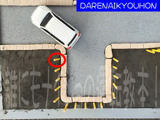 方向変換のバックをはじめたら角に車が沿うようにハンドルを左に回します。