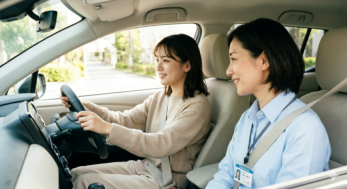 女性インストラクターと女性教習生が楽しく運転している様子